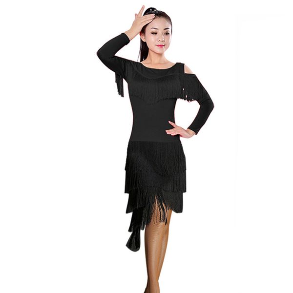 

latin sance skirt dress women costume samba tango four-layers irregular fringed tassels practice performamnce skirt, Black;red