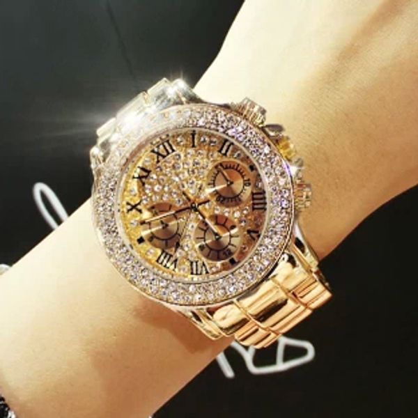 

2019 new luxury crystal diamond watches women gold watch steel strip rose gold sparkling dress wristwatch drop ship, Slivery;brown