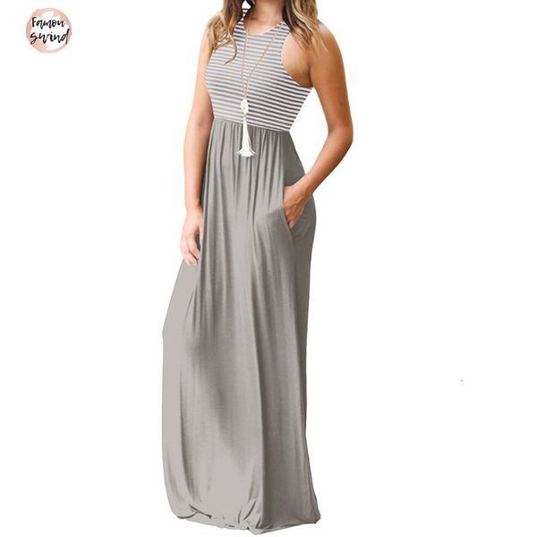 

womens sleeveless dress gv075 striped tank femme boho long dress summer women maxi dress new casual pocket beach, Black;gray