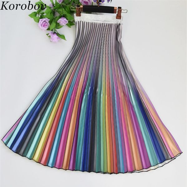 

korobov 2019 spring summer new women fashion skirts rainbow striped change pleated a-line skirt shiny stage mujer saia 76814, Black