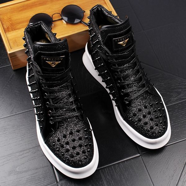 

2019 men fashion ankle boots spring autumn rivets loafers male high luxury shoes for man punk footwear shoes, Black