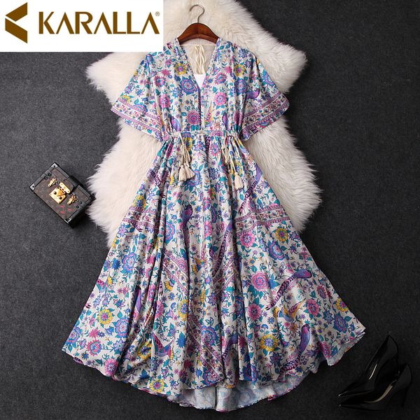 

2019 summer new v-collar batwing sleeve dress elegant women floral print irregular dress c1050, Black;gray