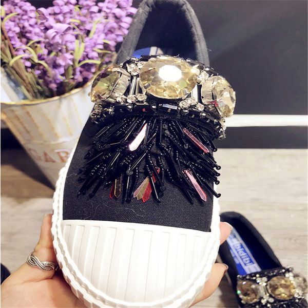 

homemade fringed rhinestones heavy work handmade beaded luxury flat bottom lok fu spring canvas shoes, Black