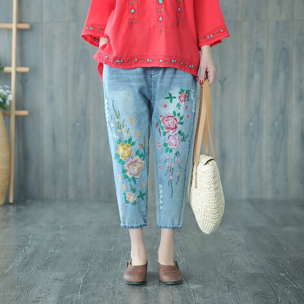 

chinese style vintage woman hole harem pants literary embroidery elastic waist denim pants washed jeans casual denim trousers, Blue