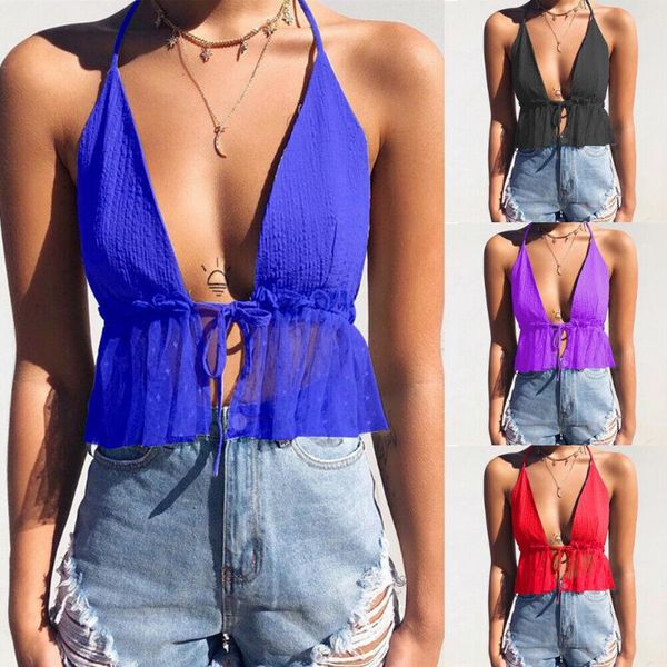 

women summer deep v-neck tank ladies plain mesh patchwork bandage halter vest fashion camisole sleeveless camis, White