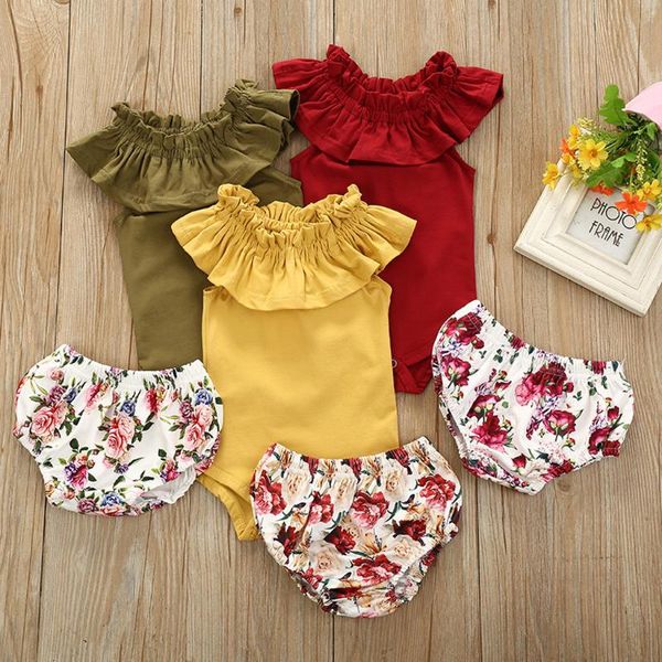 

summer baby girls clothes set ruffled collar pp shorts 2pcs cute baby girl outfit sleeveless girl clothing 0-24 months, White