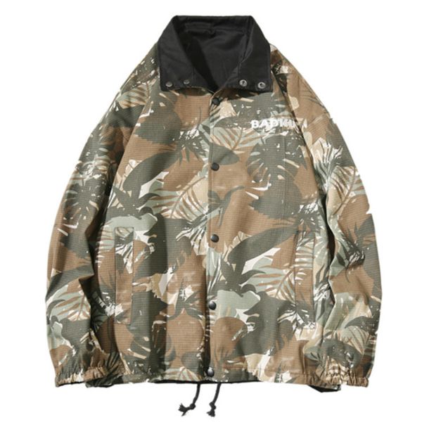 

mens camouflage palm tree printed jackets two sides wear men's tide brand jacket hip hop harajuku casual men coat street wear, Black;brown