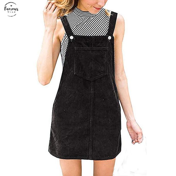 

dress women corduroy straight suspender mini bib overall pinafore casual pocket women dress summer dress vestido robe femme, Black;gray