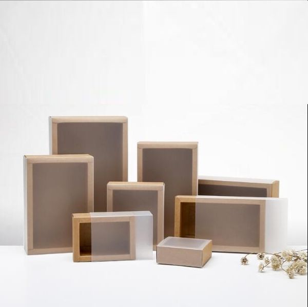 

10pcs brown kraft packaging cardboard drawer box, 350gsm craft packaging gift paper boxes with frosted cover,black sliding box