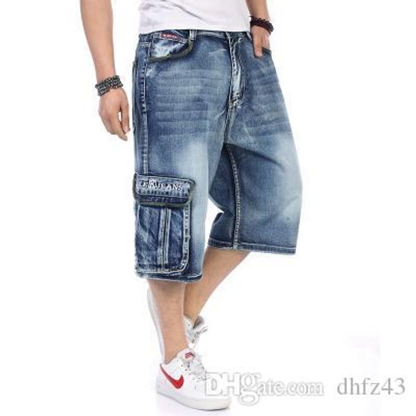 

wholesale-summer plus size capris hiphop shorts male loose multi-pocket jeans men's clothing ,3xl,4xl,5xl,6xl,big size, Blue