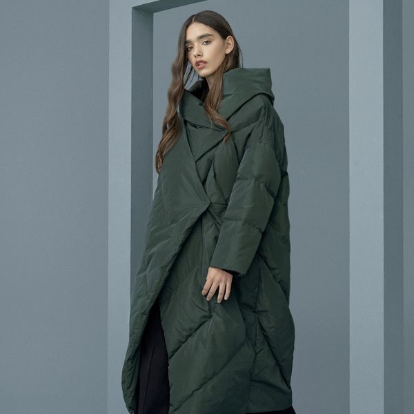 

2019 new arrival aporia.king long solid covered button wide-waisted thick full white duck down coats, Black