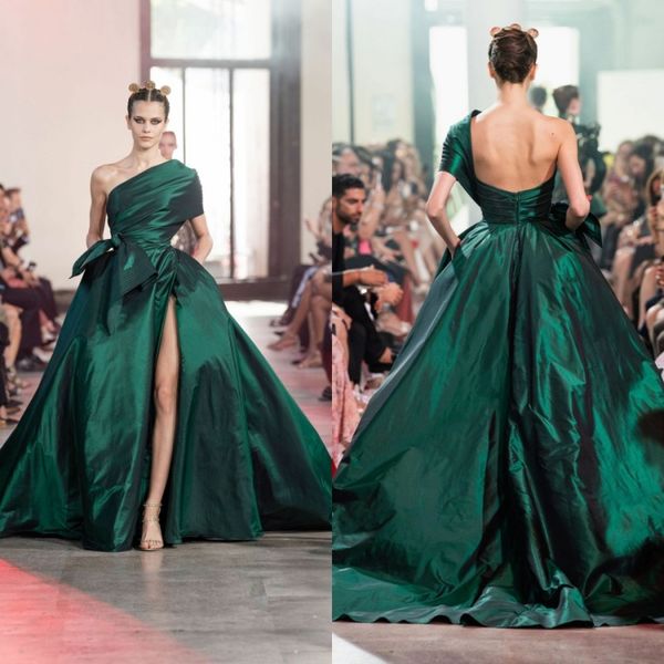 

elie saabl one shoulder evening dresses satin formal prom dress long front split dubai arabic pageant party gowns custom, Black;red