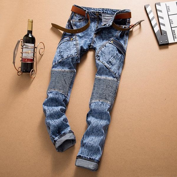 

новые top 2020 mens проблемные рваные джинсы байкер slim fit мотоцикл байкер denim для мужчин модельер хип-хоп мужские джинсы хорошего качес, Blue