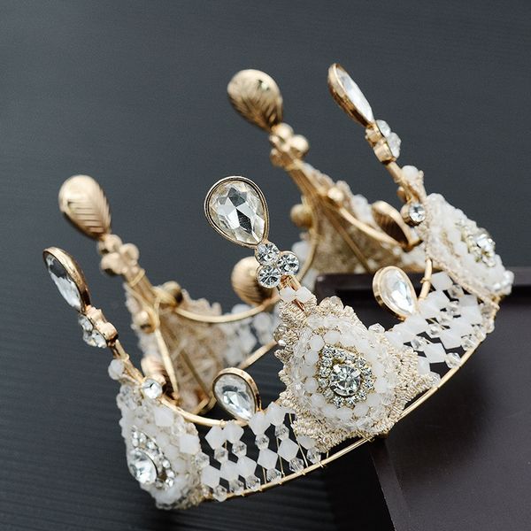 

trendy cake decoration round crown retro lace tiara birthday headwear handmade beaded queen hair accessory personalized headwear, Golden;white