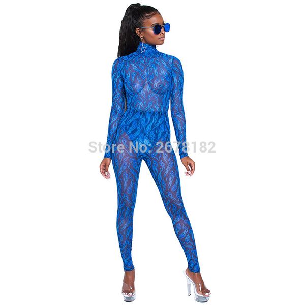 

mesh sheer print jumpsuit turtleneck long sleeve women skinny overalls see through bodysuit blue playsuit, Black;white