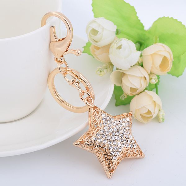 

charm crystal-rhinestone five-pointed star pendant keychain bag heart-shaped key chain ring holder women gift souvenir jewelry, Silver