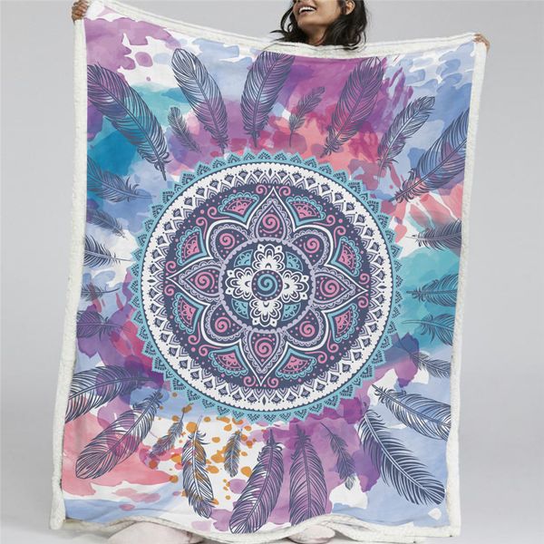 

hm life sherpa blanket watercolor mandala hippie feathers printing blanket flannel fleece reversible bed couch fluffy blankets