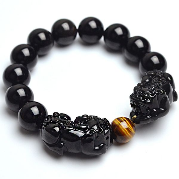 

natural stone black obsidian bracelet with tiger eye and double pixiu lucky brave troops charms women and men jewelry, Golden;silver