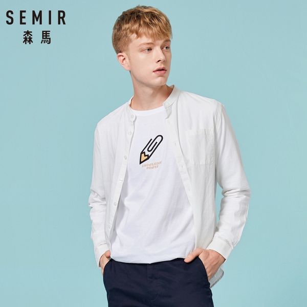 

semir mens band-collar shirt men's regular fit shirt long sleeved casual in 100% cotton collarless dress solid, White;black