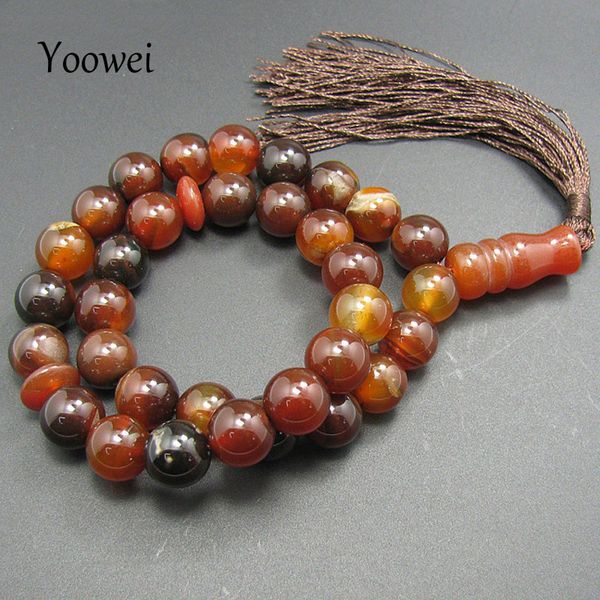 

yoowei natural stone round shape jewelry 12mm big agate 33 prayer beads islamic muslim tasbih rosary bracelet with tassel, Golden;silver