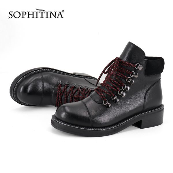 

sophitina fashion solid lace-up boots cow leather comfortable square heel special design shoes ankle boots sc420, Black