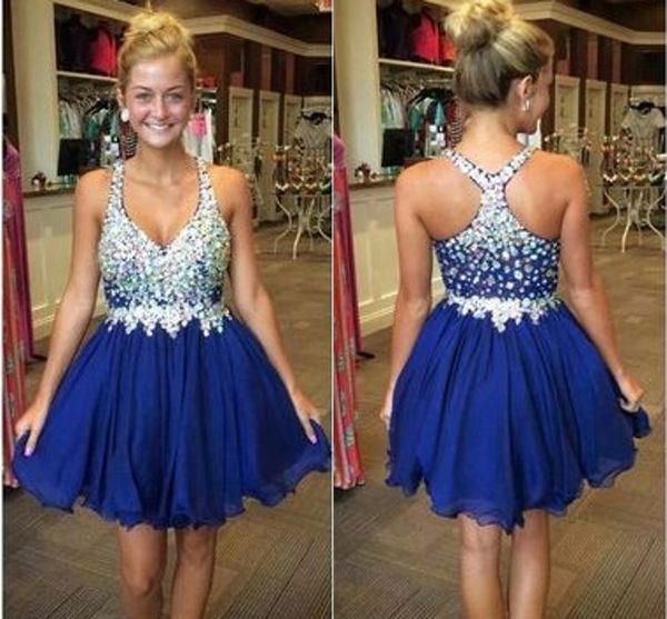 

sparkly royal blue v neck short homecoming prom dress chiffon rhinestones crystal beaded hollow back graduation party dress satin cheap, Blue;pink