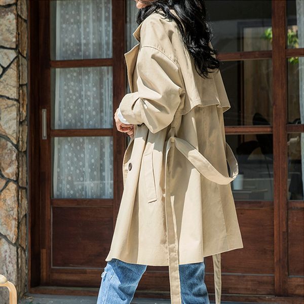

women fashion new design daily girls wear loose long coat double breasted comfortable highstreet modern chic trench coat femme, Tan;black