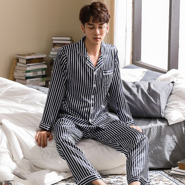 

autumn winter long sleeve striped men's silk pajamas suit turn-down collar loose soft big size l-3xl male sleepwear nightwear, Black;brown