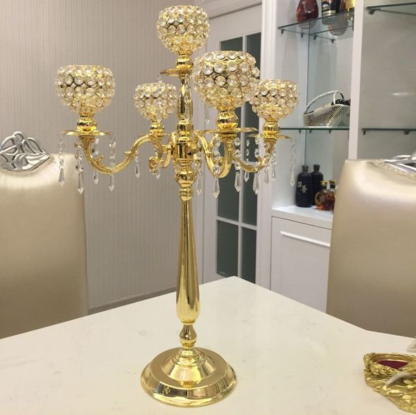 

New product elegant tall metal and cry tal candelabra centerpiece wedding gold ilver candelabra 5 arm decoration