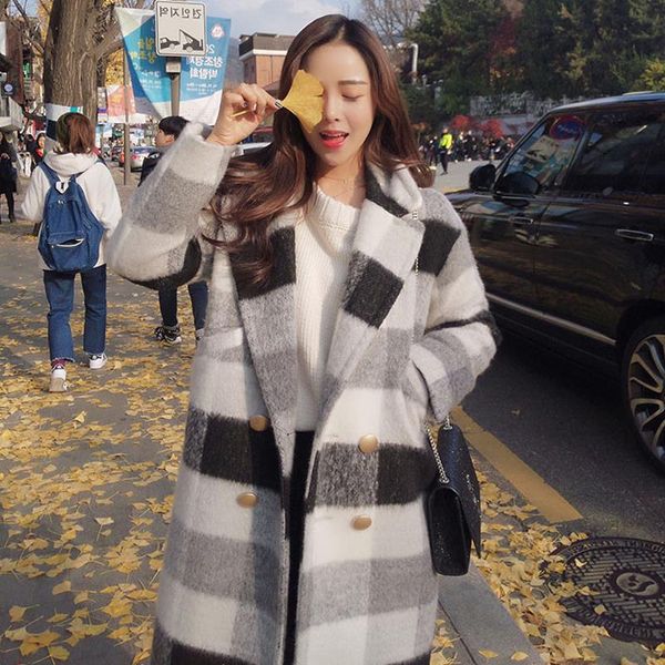 

ailegogo new autumn winter cashmere trench jacket women casual black white plaid coat thickness warm button pocket jackets