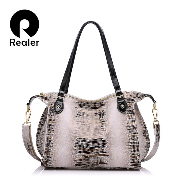 

realer brand fashion women genuine leather shoulder bags crocodile pattern leather handbags female tote bag 2017