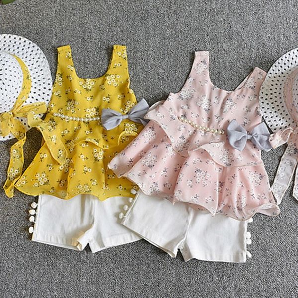 

девушки одежда наборы цветочные девушки платье шорты 2 шт. комплект шифон банты детская одежда летняя мода детская одежда 2 цвета dsl-yw3072, White