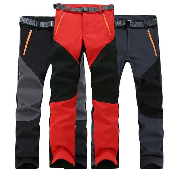 

new men women hiking pants autumn winter thicken softshell thermal fleece trousers for trekking camping waterproof ski pants, Black;green