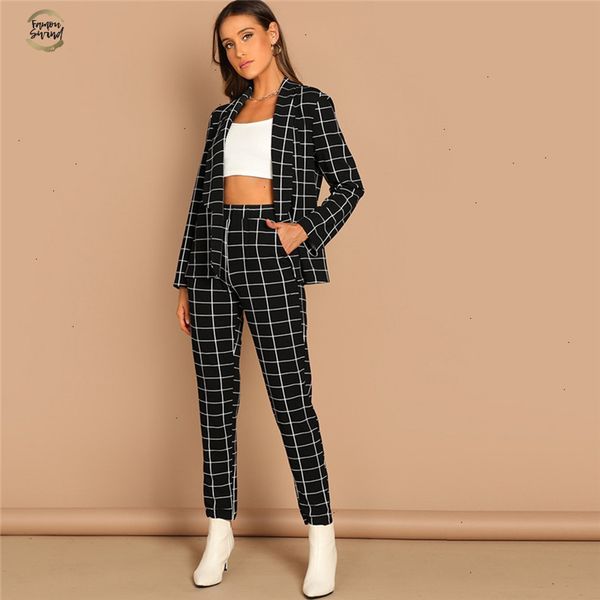 

black stretchy grid print shawl collar plaid long sleeve blazer pants set women autumn workwear morden lady twopiece, White