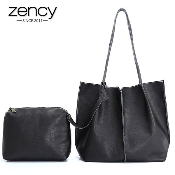 

zency daily casual lady tote handbag large capacity women shoulder bag 100% genuine leather classic black fashion messenger bags