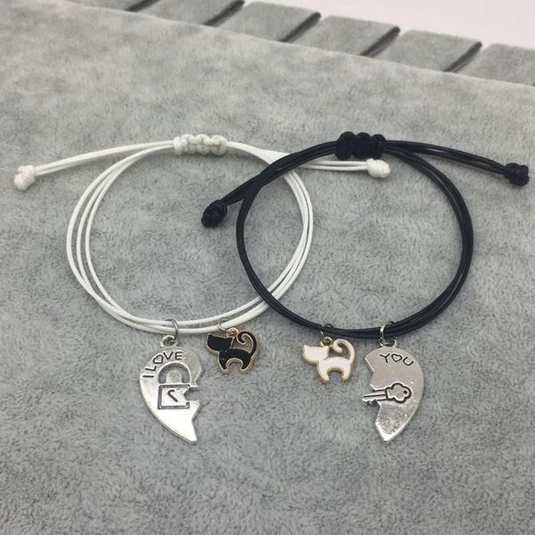 

new couple bracelet for women and men silver heart cute cat pendant bracelets adjustable rope chain gifts for lovers girls, Golden;silver