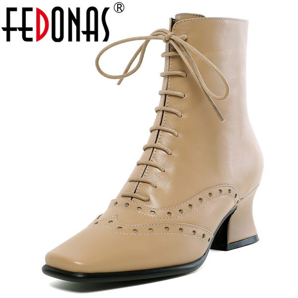 

fedonas cross-tied women autumn winter ankle boots vintage office shoes woman square toe new genuine leather warm boots, Black