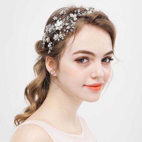 

wedding bride hair jewelry accessories golden wire rhinestone crystal beads handmade headbands floral bridal hairbands tiara bh, Golden;white