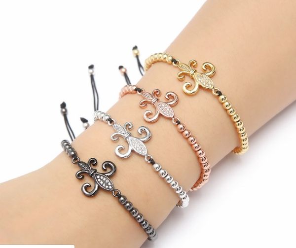 

gold silver micro pave cz cubic zirconia rope adjusted copper beads bracelet ct432 plant charm braided bangles fashion, Black