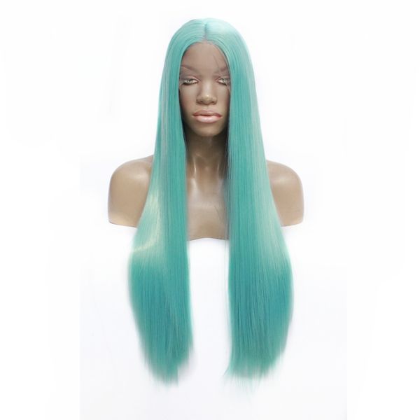 

lace front wigs silky straight middle part light green 4 colors available long hair lace front synthetic wig for women, Black