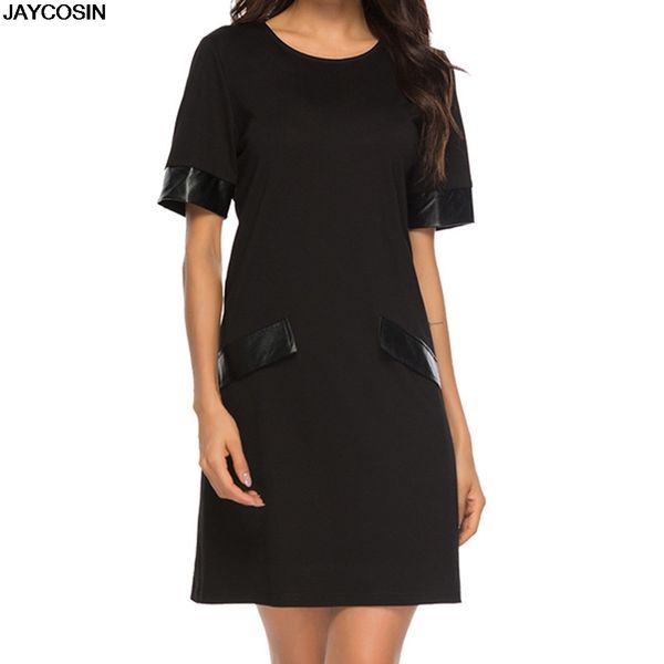 

jaycosin dresses woman fashion round o-neck solid color leather stitching summer short dress diy black 614, Black;gray
