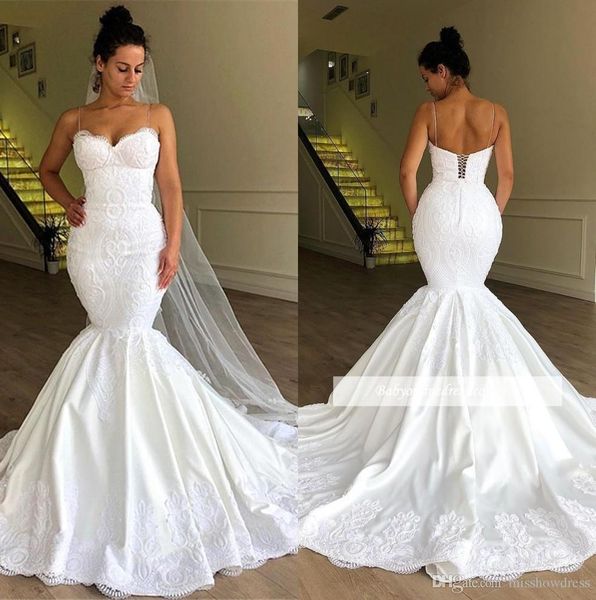 

elegant lace mermaid wedding dresses spaghetti straps tulle applique sweep train plus size wedding dress bridal gowns custom, White