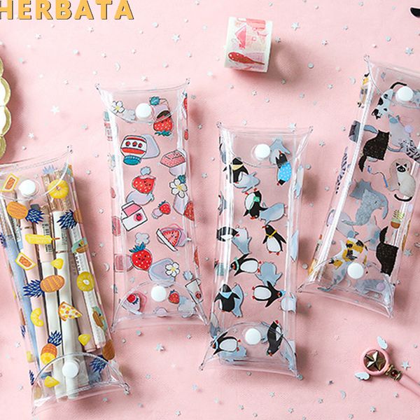 

cute fruit buckle pencil cases for girls kawaii cat & penguin pvc transparent pencil bag stationery supplies papelaria cl-19149