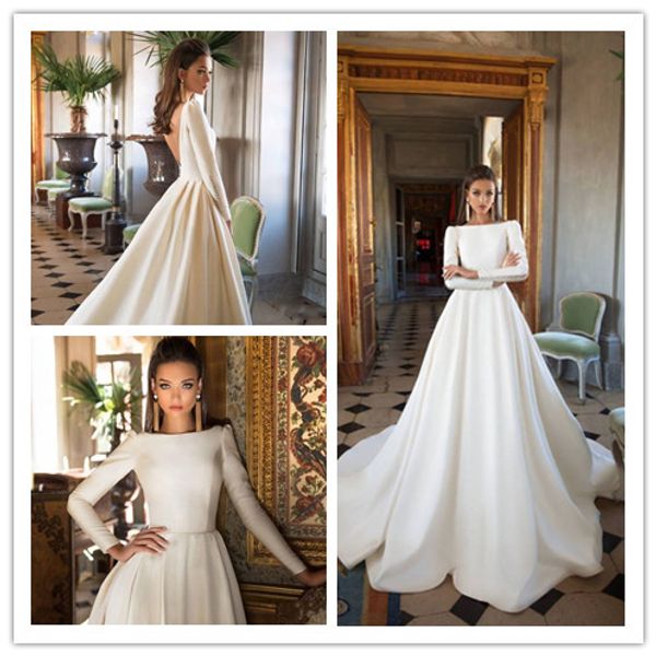 

a line milla nova satin wedding dresses backless sweep train long sleeve bridal gowns bateau neck winter bridal dress plus size nigeria, White