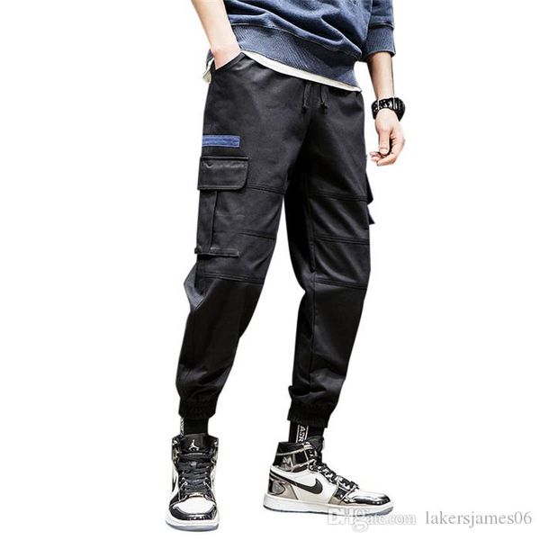 

street style люди вскользь штаны сыпучего contrast цвет шнуровка мужских брюки с мультиэффектом legged карманы брюки, Black