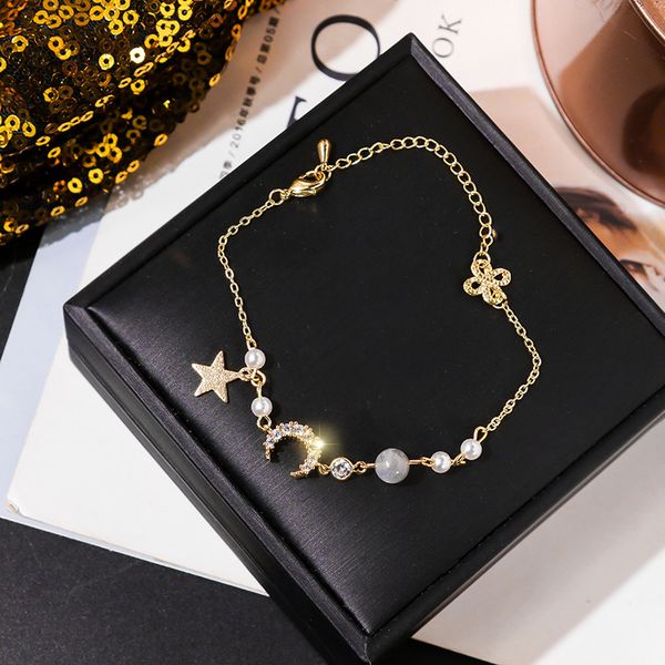 

korean temperament simple rhinestones star moon imitation pearl bracelet for sweet girl women fashion jewelry accessories, Black