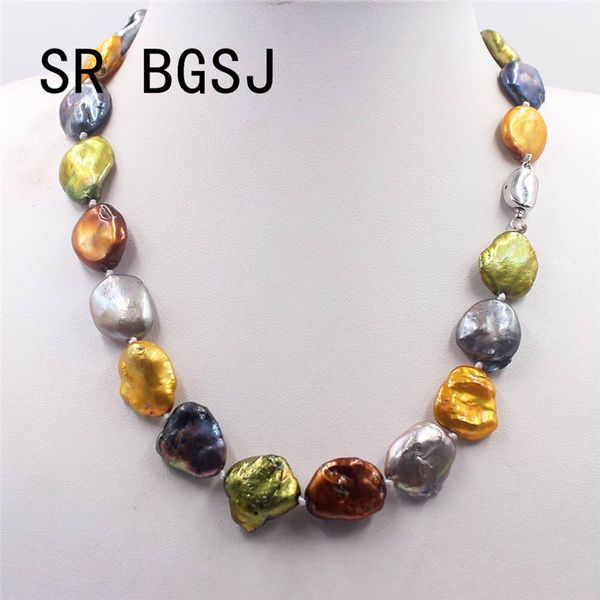 

14-16mm women jewelry reborn baroque multicolor freshwater pearl knot moon clasp necklace 18inch, Silver