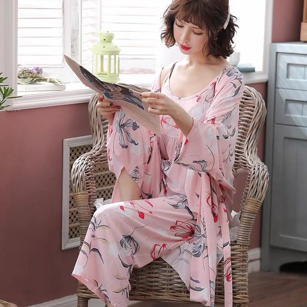 

elegant pink floral cotton pajamas sets women long sleeve pyjamas 3 piece suit women pijamas homewear sleepwear, Black;red