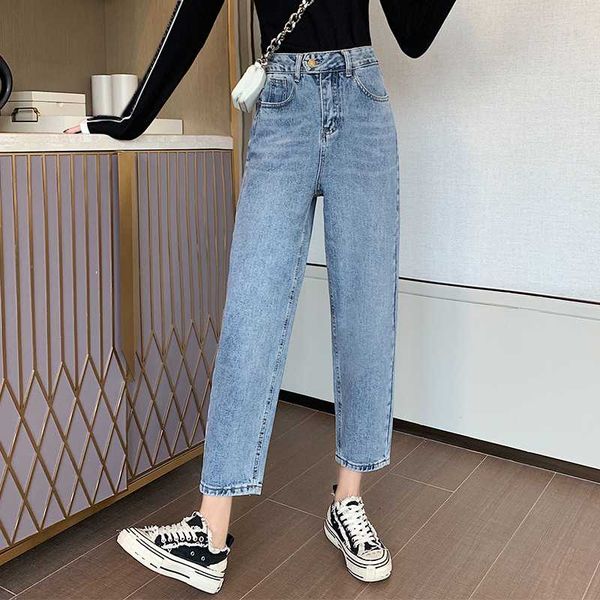 

women's jeans korean loose retro wild high waist straight wide leg cropped harem pants 2020, Blue