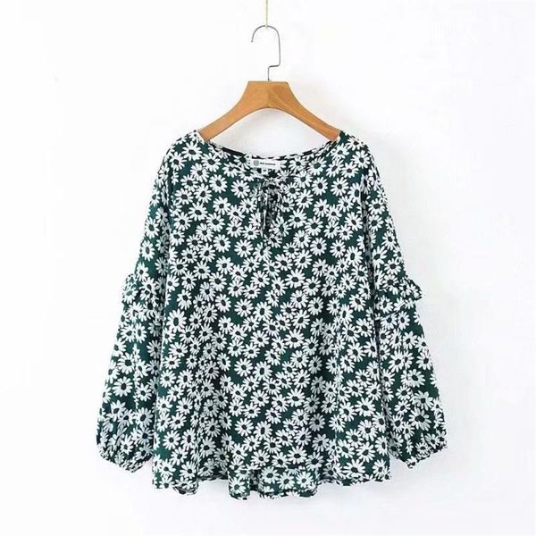 

2020 spring women's new fashion wild loose v-neck pastoral retro floral print ruffle lace up long sleeve shirt, White